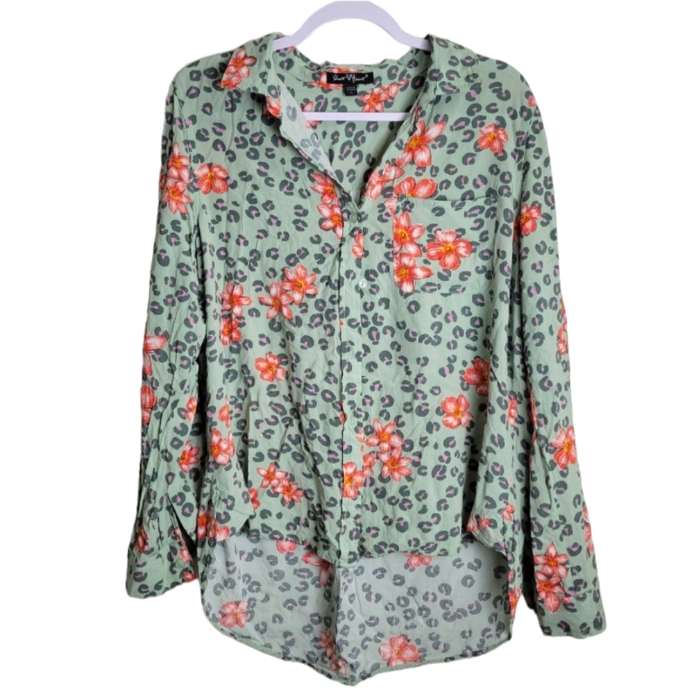 Velvet ♡ Heart Leopard Print Flower Boho High-low V neck Blouse L